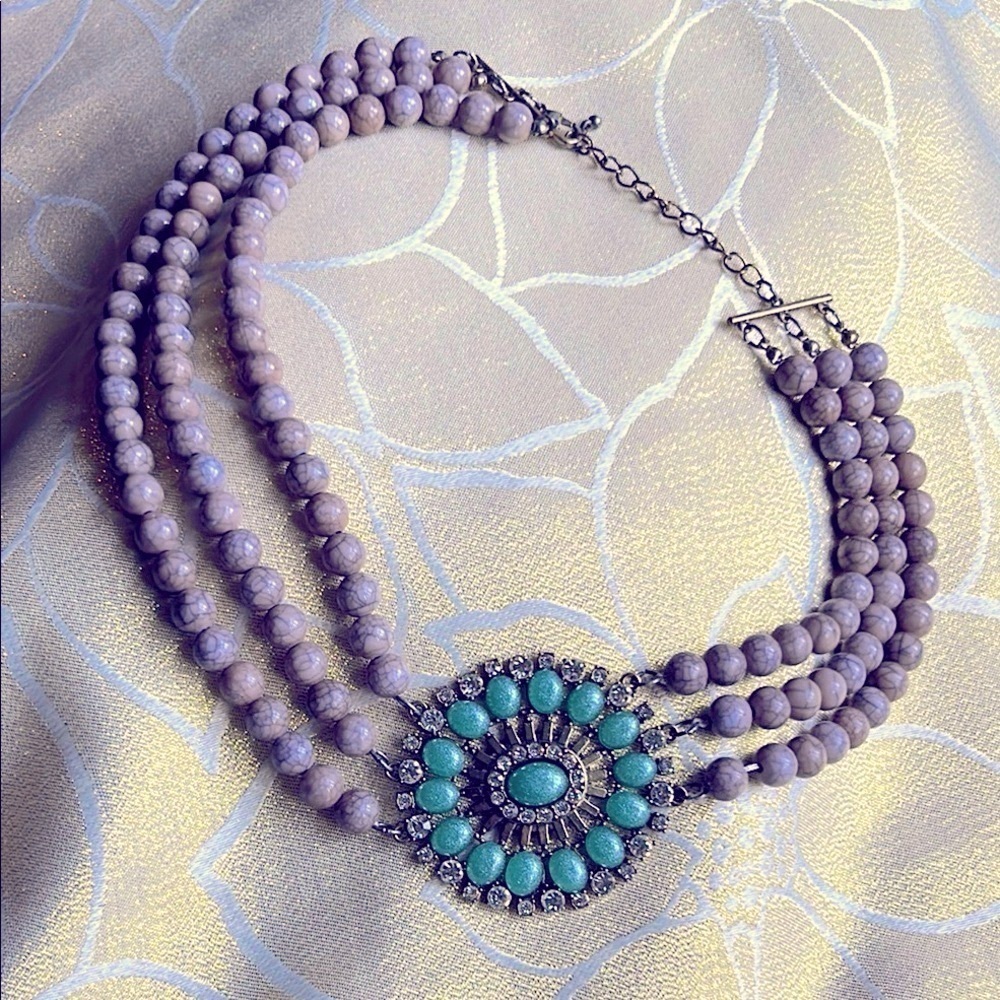Multi-Strand Necklace Turquoise Glass Rhinestone + Gray Grey Beads